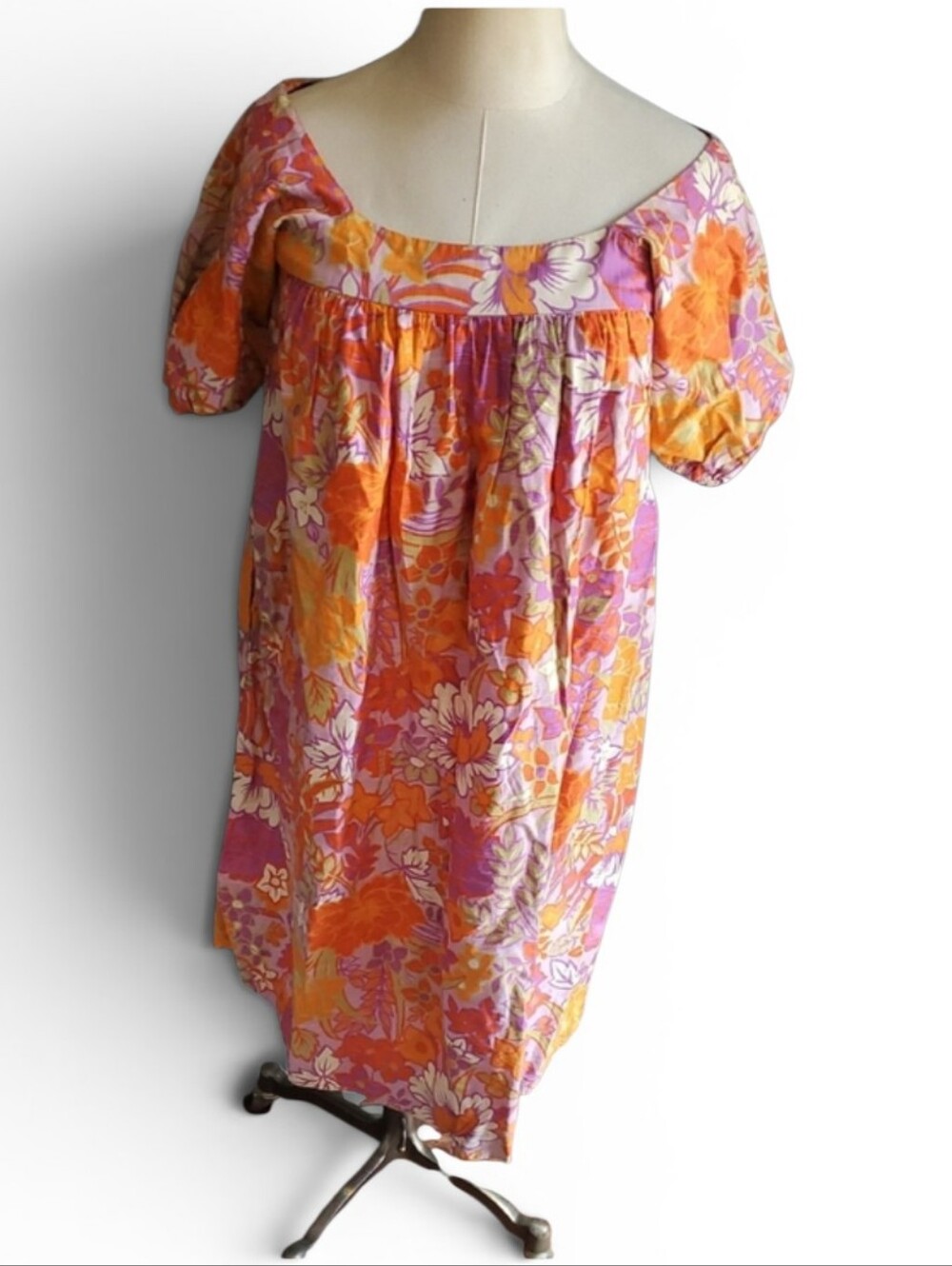 Vtg Tori Richard Pink, Orange and Yellow  Floral Square-Neck Casual Dress